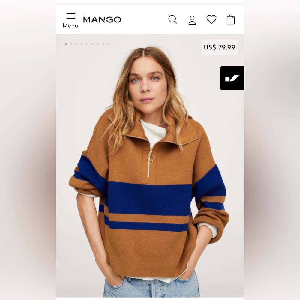 Mango tan with blue oversize 1/4 zip sweater. Size M.